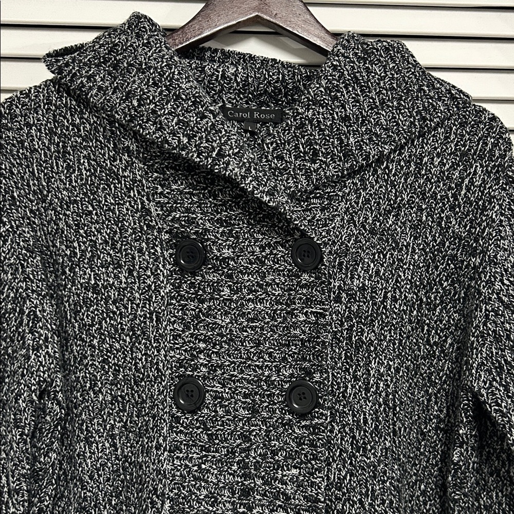 Black and Gray Heathered Double-Breasted Hooded Sweater Cardigan/Coat - Picture 2 of 3